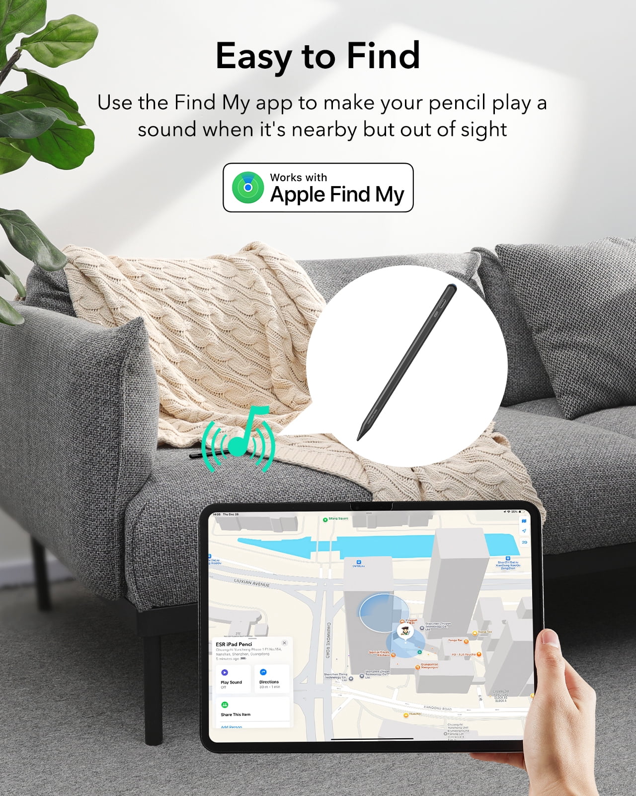 ESR Geo Digital Pencil Compatible with Apple iPad 2018-2026 (A16/10/9/8, Air 13/11, Pro 12.9/13/11, Mini 7/6/5), Find My & Easy Shortcuts, Black (No Wireless Charging)