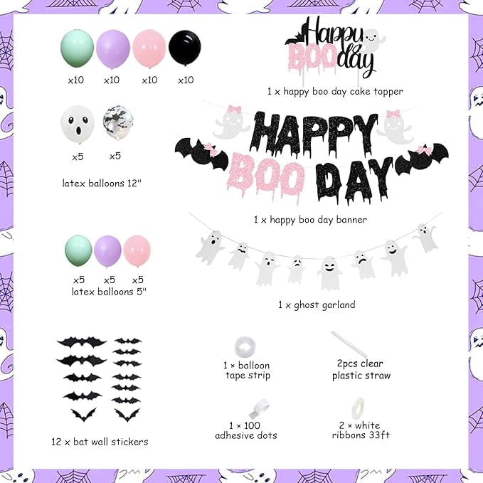 Pastel Halloween Birthday Decorations Happy Boo Day Balloon Garland Arch Kit for Girls Halloween Spooky Party Supplies