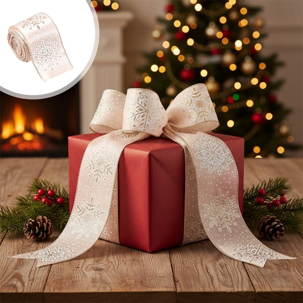 Cinta de Satén Navideña con Lazo de 78,7 Pulgadas y Purpurina para Envolver Regalos, Cinta Decorativa de Poliéster | Color Champán, Rosa, Blanco y Plateado | Decoración para Árbol de Navidad y Corona