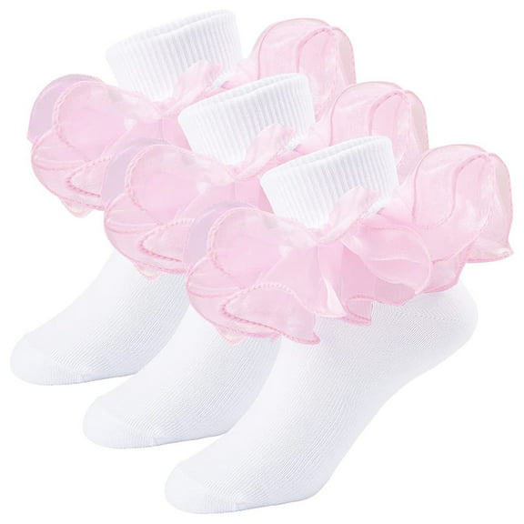 Generic Ankle Socks Big Girls Lace Ruffled Comfy Ruffle Socks 3 Pairs for Cute Casual Soft Comfortable Breathable (6-8 Years,Pink)