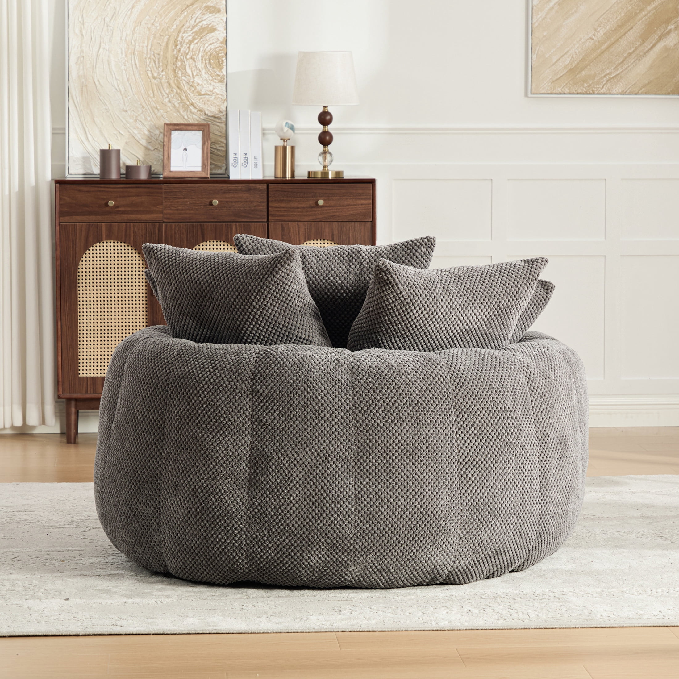 GDF Studio 53.15-Inch Oversized Pumpkin-Shaped Lounge Chair with Pineapple Lattice Fabric, Gray