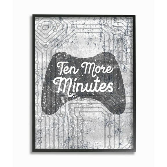 Stupell Industries Ten More Minutes Video Game Controller Gaming Grey White Words Framed Wall Art Design by Daphne Polselli, 16" x 20", Black Framed