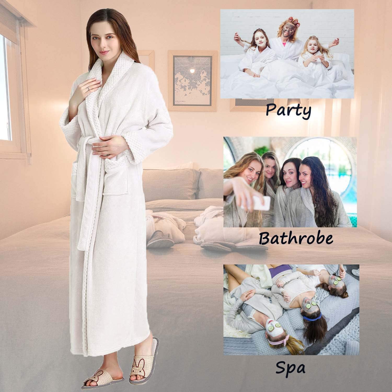 Peignoir Femme Hiver En Polaire Épais - Long Et Chaud Sans Capuche - Ceinture Et Poches - Pour Maison Et Spa - 3