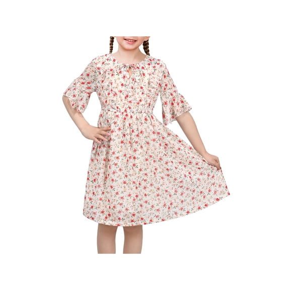 Sunny Fashion Girls Floral Chiffon Dress Short Flutter Sleeve Ruffle Neckline Elastic Waist Summer Dresses 5 Years