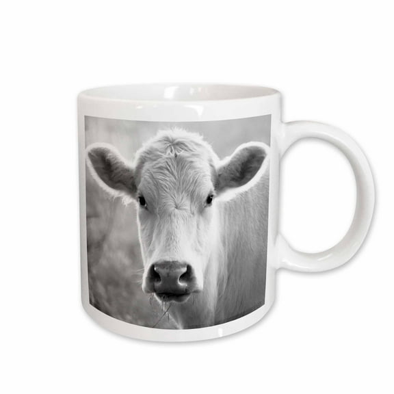 3drose, Black and White Photograph of a Curious Charolais Cow in a Field., 11oz Mug