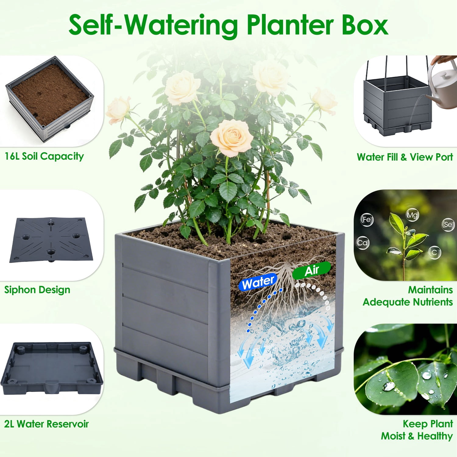 Raised Garden Bed with Trellis, Self-Watering Planter Box 4-Level Adjustable Height PP Planter with Plant Clips & Ties for Climbing Plants Balcony Patio