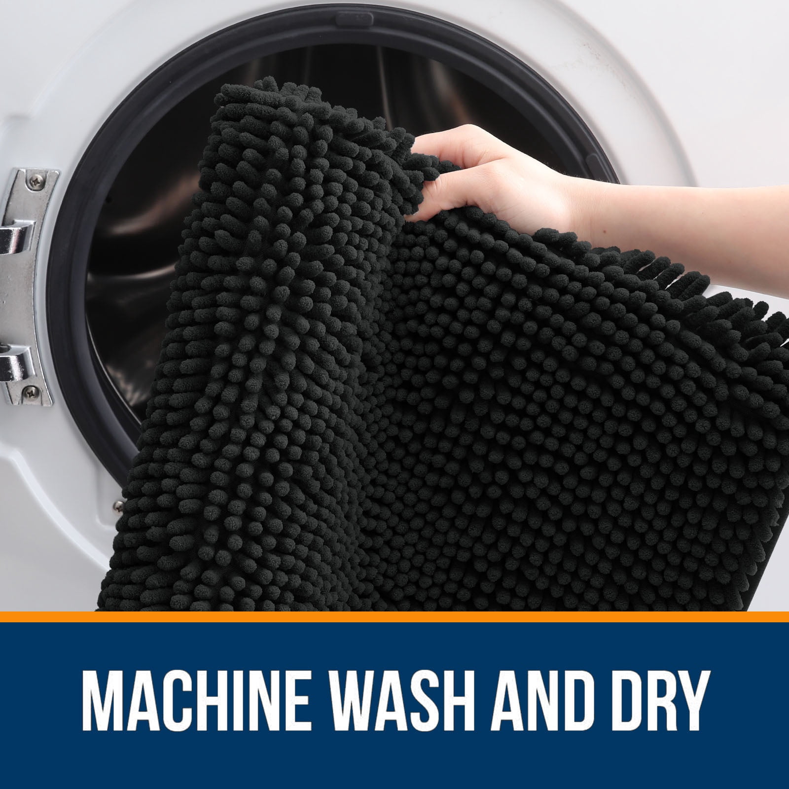 Buganda Bathroom Rugs 34x21, Quick Dry Machine Washable Chenille Bath Mats with Rubber Backing, Black
