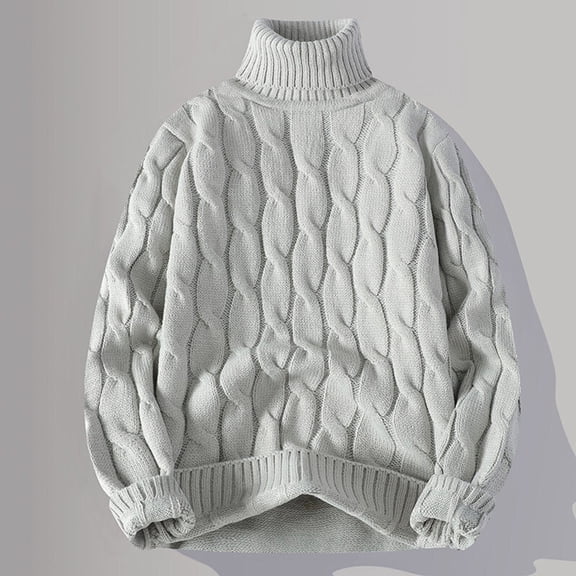 BaoFuBaoMei Turtleneck Sweaters for Men Big and Tall Cable Knit Pullover Long Sleeve Sweater Ribbed Trim Solid Warm Fall Winter Tops