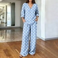 thumbnail image 2 of Women's Summer Polka Dot Printed 2 Piece Loungewear V Neck Long Sleeve Top & Loose Wide Leg Long Pants with Pockets Soft Casual Matching Pajama Set Light Blue, 2 of 6