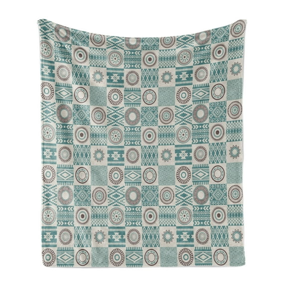 Afghan Soft Flannel Fleece Throw Blanket, Checkered Squares with Motifs Rhombuses Circles and Stripes, Cozy Plush for Indoor and Outdoor Use, 70" x 90", Slate Blue Brown, by Ambesonne