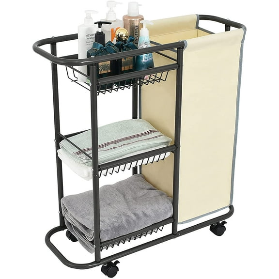 Laundry Sorter Cart Movable Bathroom Organizer Gray Laundry Storage Baskets with Heavy Duty Rolling Wheels 3-Tier Storage Shelves with 1 Bag for Clothes