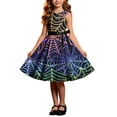 thumbnail image 2 of Girls' Halloween Zip Dress Spooky Tree Bat Print Sleeveless Round Neck Satin Bow Belt Flared Swing Skirt Kids Party Costume for Girls 4-14Y, Halloween Costumes for Girls Multicolor 4 Years, 2 of 8