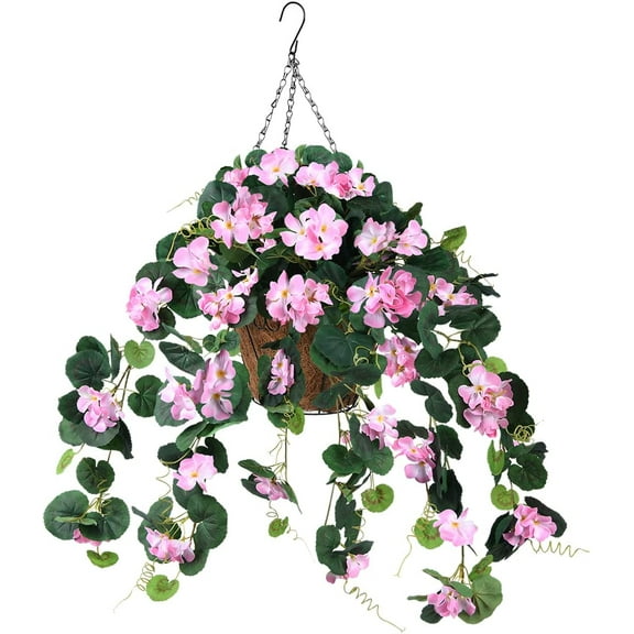 Artificial Geranium Flower in Hanging Basket,12 inch Coconut Lining Hanging Basket with Artificial Vine Begonia Plants for The Decoration of Outdoor and Indoor(Pink)