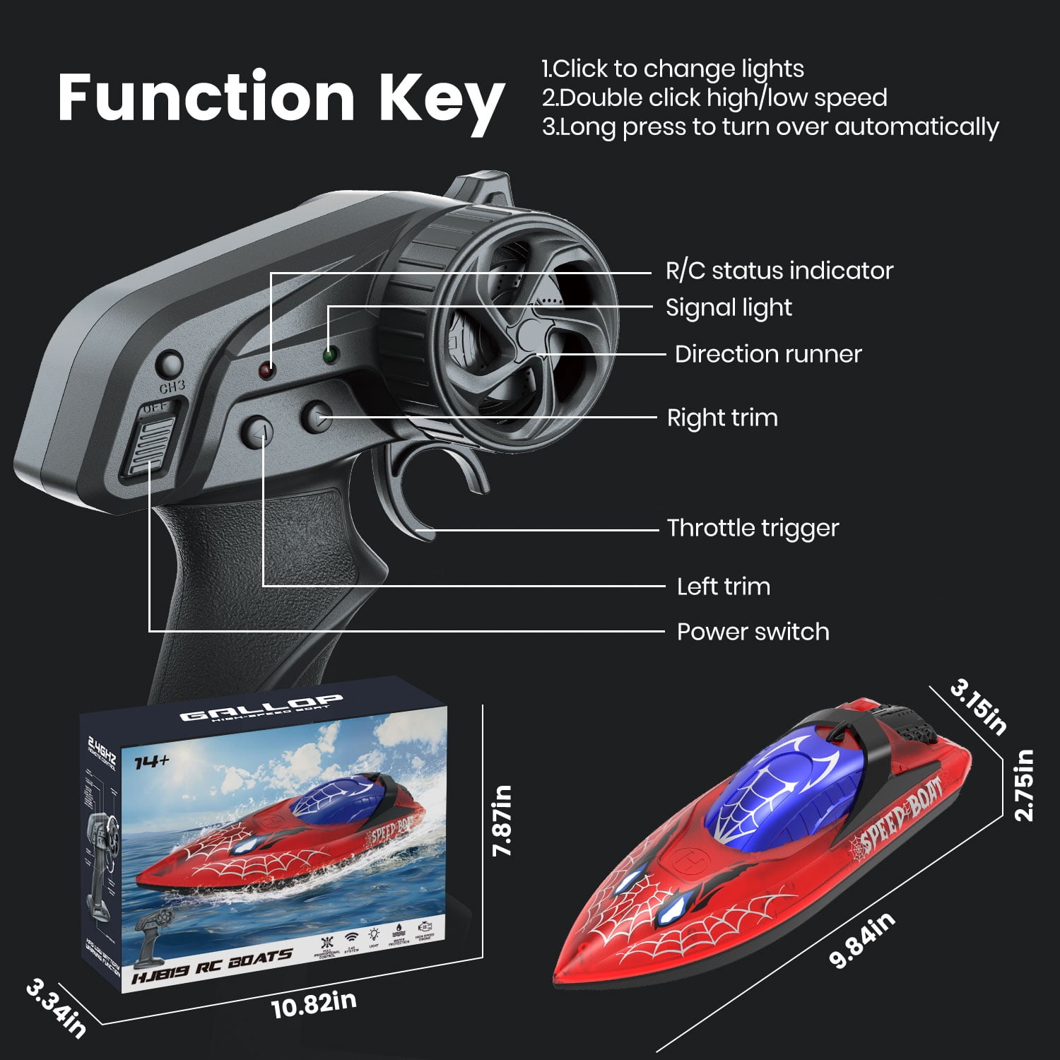 JoyStone RC Boat for Pools and Lakes, 2.4G Remote Control Boat with LED Lights, Racing Boats for Kids & Adults with 2 Rechargeable Battery, Gifts for Boys Girls (Red)