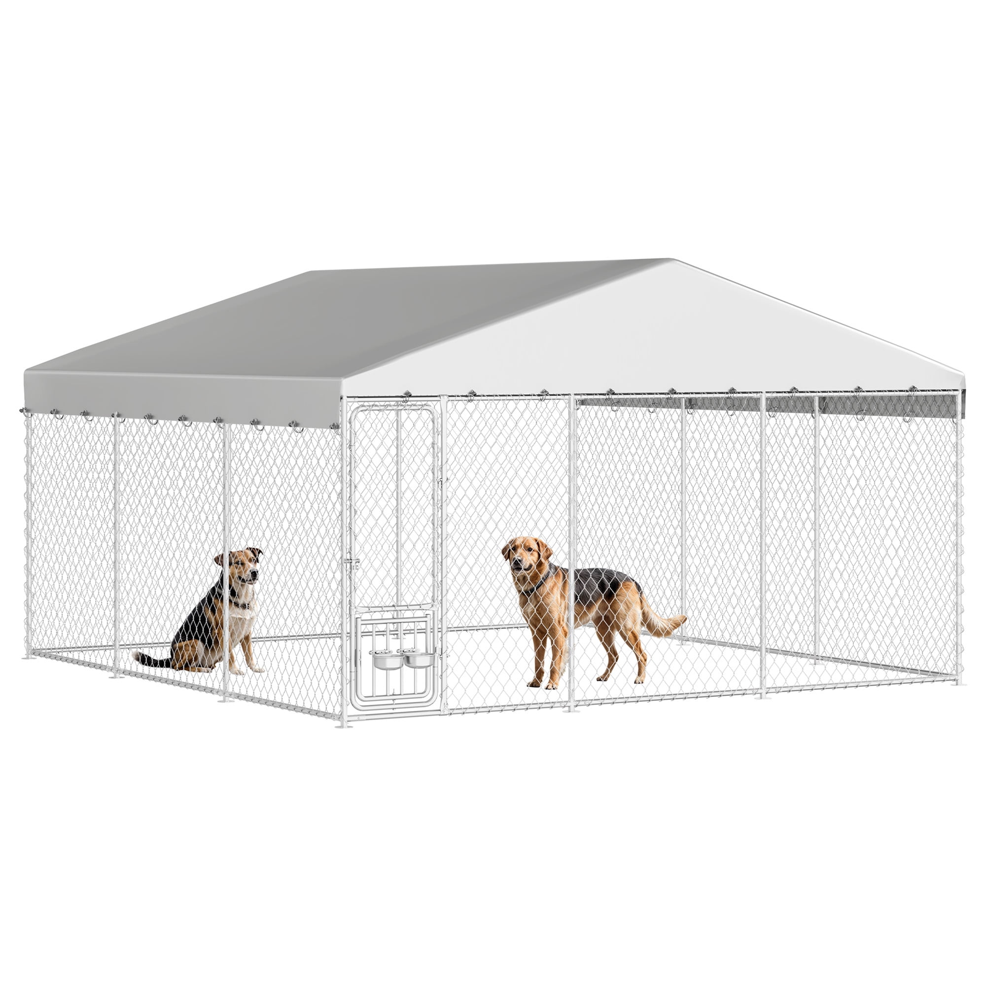 ModFusion 14.8×14.8×7.9FT Heavy Duty Outdoor Dog Kennel, Rotating Feeder Bowls & UV-Resistant Waterproof Cover, Yard Dog Enclosure for Medium Large Dogs