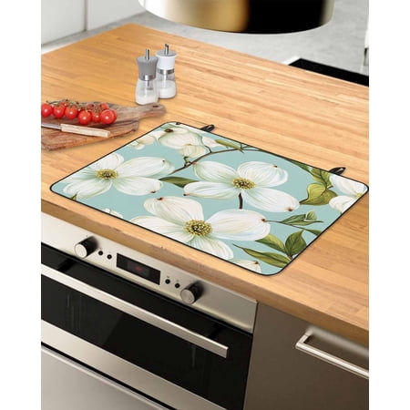 nqOlkjepod Large Induction Cooktop Protector Mat 28.5 x20.5 Spring Floral Stove Top Covers for Electric Stove Watercolor Teal Botanical Blooming Stove Burner Cover Mats Glass Top Stove Cover