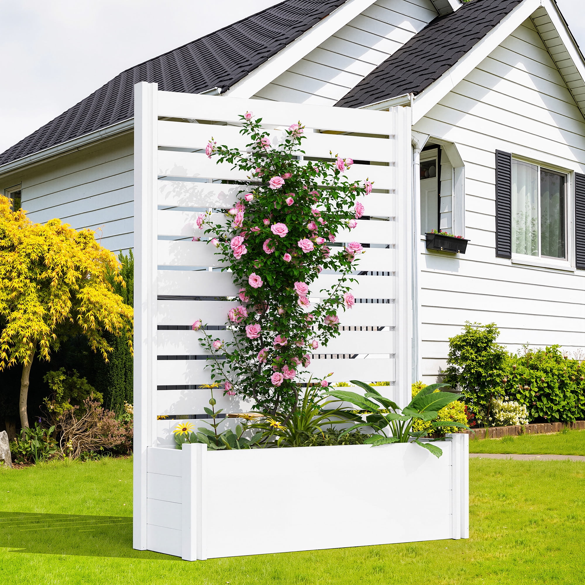 MAYEERTY 2-Piece Outdoor White PVC Rectangular Planter Box with Trellis for Climbing Plants, Raised Garden Bed