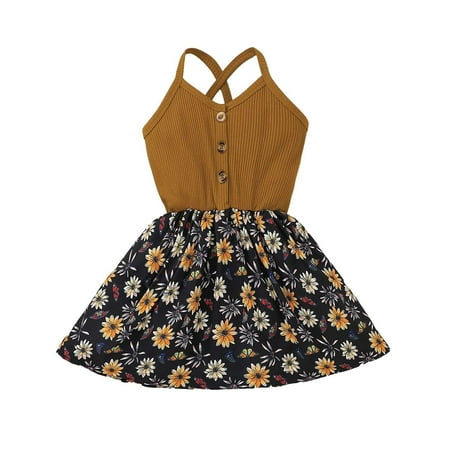 

2023 Summer Savings Girls Dress PEZHADA Toddler Baby Girl French Ribbed Sling Stitching Printed Dress Girls Dress Suit Brown 120