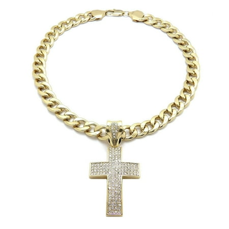 Stone Filled Cross Pendant 11mm 18", 20", 24" Cuban Chain Necklace
