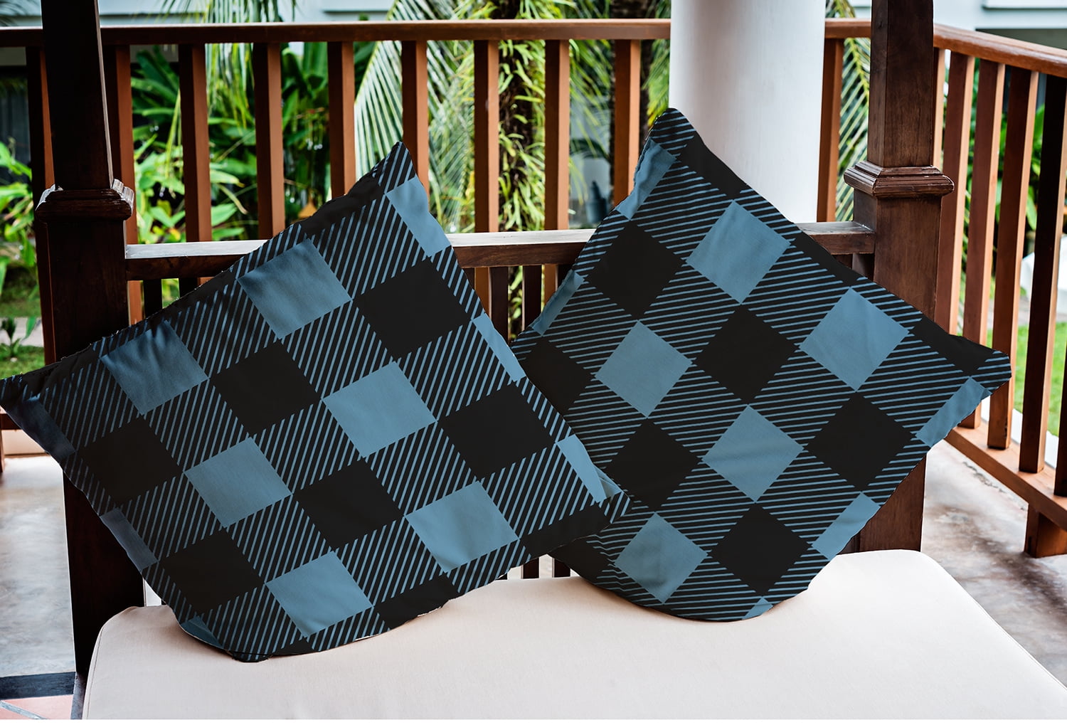 16" x 16" Simply Daisy Buffalo Plaid Polyester Indoor/Outdoor Pillow, Chambray Qty 1