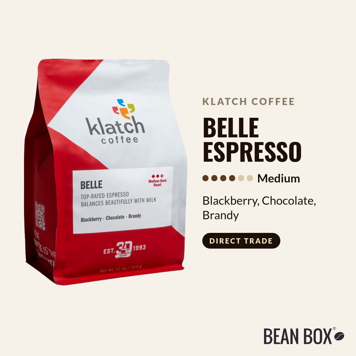 Belle Espresso - Roasted by Klatch Coffee - Whole Bean Coffee - 310g Bag