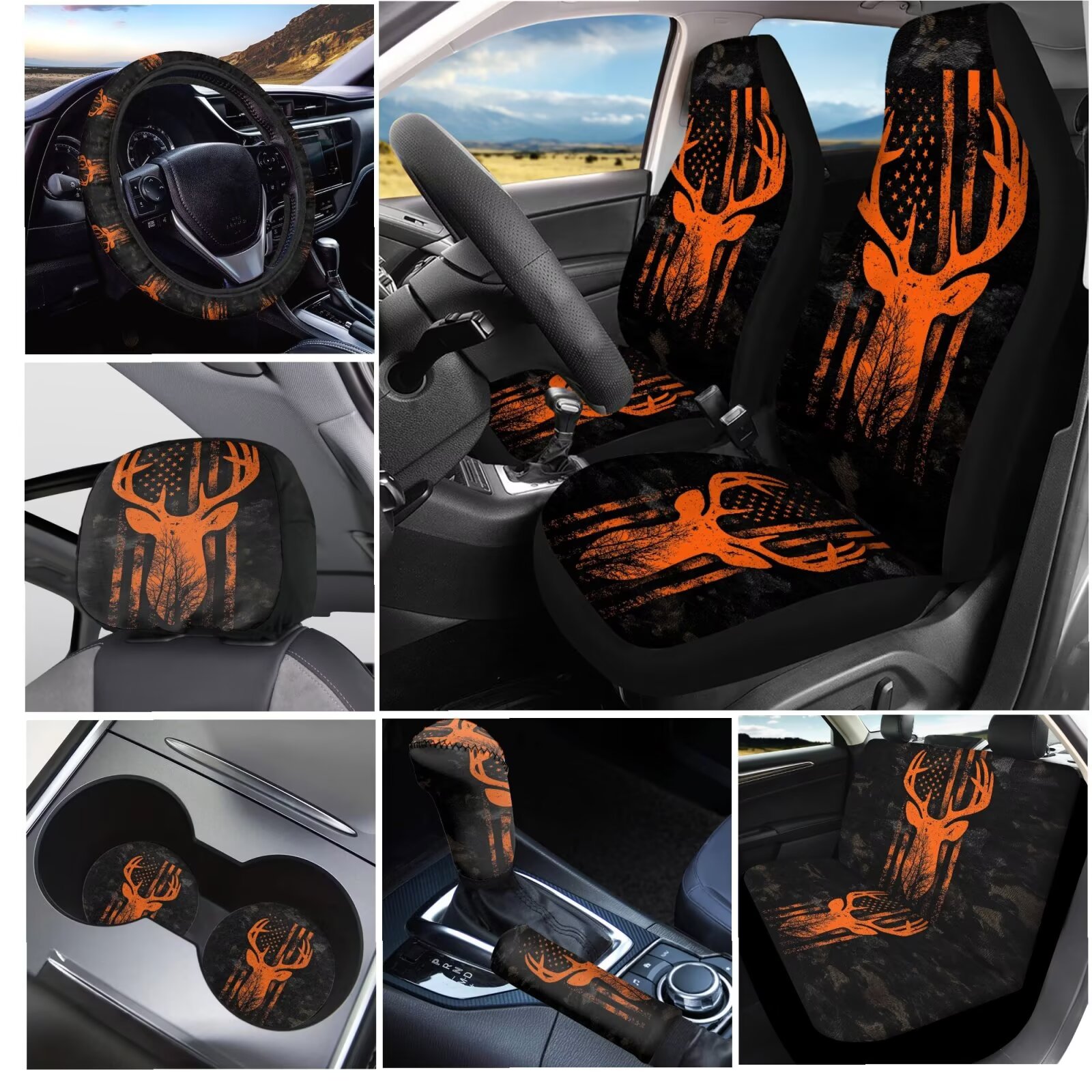 Garronmavis American Flag Camo Deer Car Seat Cover Full Set of 11pcs with Car Seat Headrest Cover+ Steering Wheel Cover+Auto Cup Pad+Handbrake and Gear Shift Knob Cover for Men Women