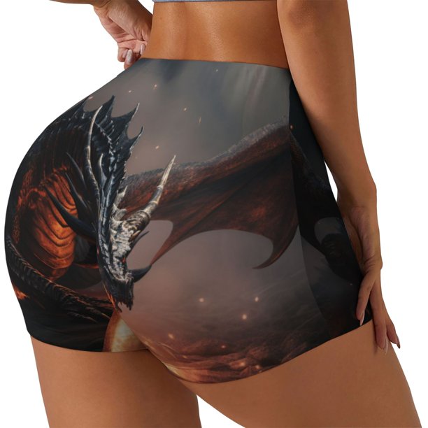 Fotbe Fiery Black Dragon Attack Shorts Sin Costuras – Shorts Deportivos de Cintura Alta para Mujer, Elásticos para Gimnasio, Yoga, Running o Ciclismo-X-Large