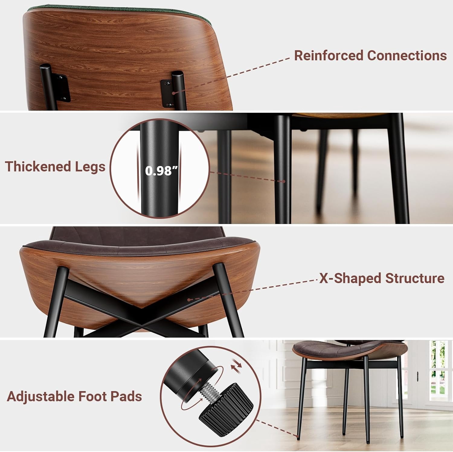 GIKPAL Dining Chairs Set of 2 PU Faux Leather Walnut for Mid-Century Modern Kitchen & Dining Room,Brown