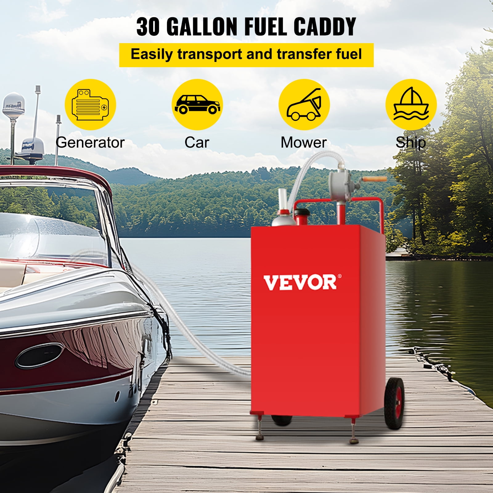 VEVOR 30 Gallon Gas Caddy , Fuel Storage Tank on 2 Wheels, Portable Gas Caddy with Manuel Transfer Pump, Gasoline Diesel Fuel Container for Cars, Lawn Mowers, ATVs, Boats, More, Red