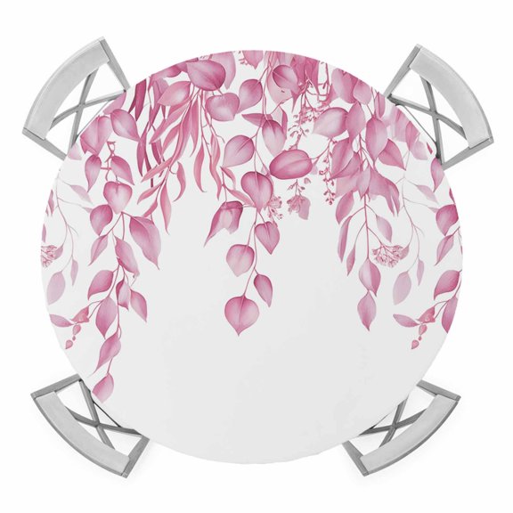 Elastic Fitted Round Tablecloth, Pink Eucalyptus Leaves Waterproof Stretch Table Cover for 55"-60" Tables, Spring Botanical Leaf Branches Washable Outdoor Tablecloths for Patio, Picnic, Camping