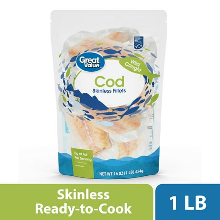 Great Value Wild Caught Skinless Cod Fillets, 1 lb Bag (Frozen Fish)