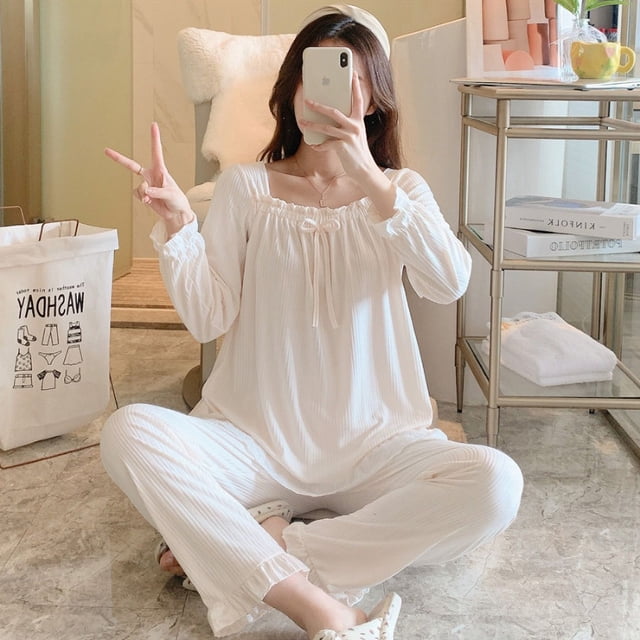 Pijama de primavera y otoño para mujer, cuello descubierto, manga larga, lazo, color sólido, dulce y lindo, traje para usar en casa