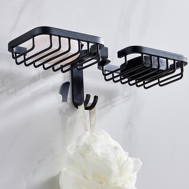 Soporte para jabón y champú, estante de baño, montado en la pared, aluminio negro