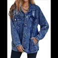 thumbnail image 2 of Chaqueta Vaquera Larga de Gran Tamaño para Mujer, Estilo Boyfriend, con Rotos y Desgastados. Azul Oscuro M, 2 of 9