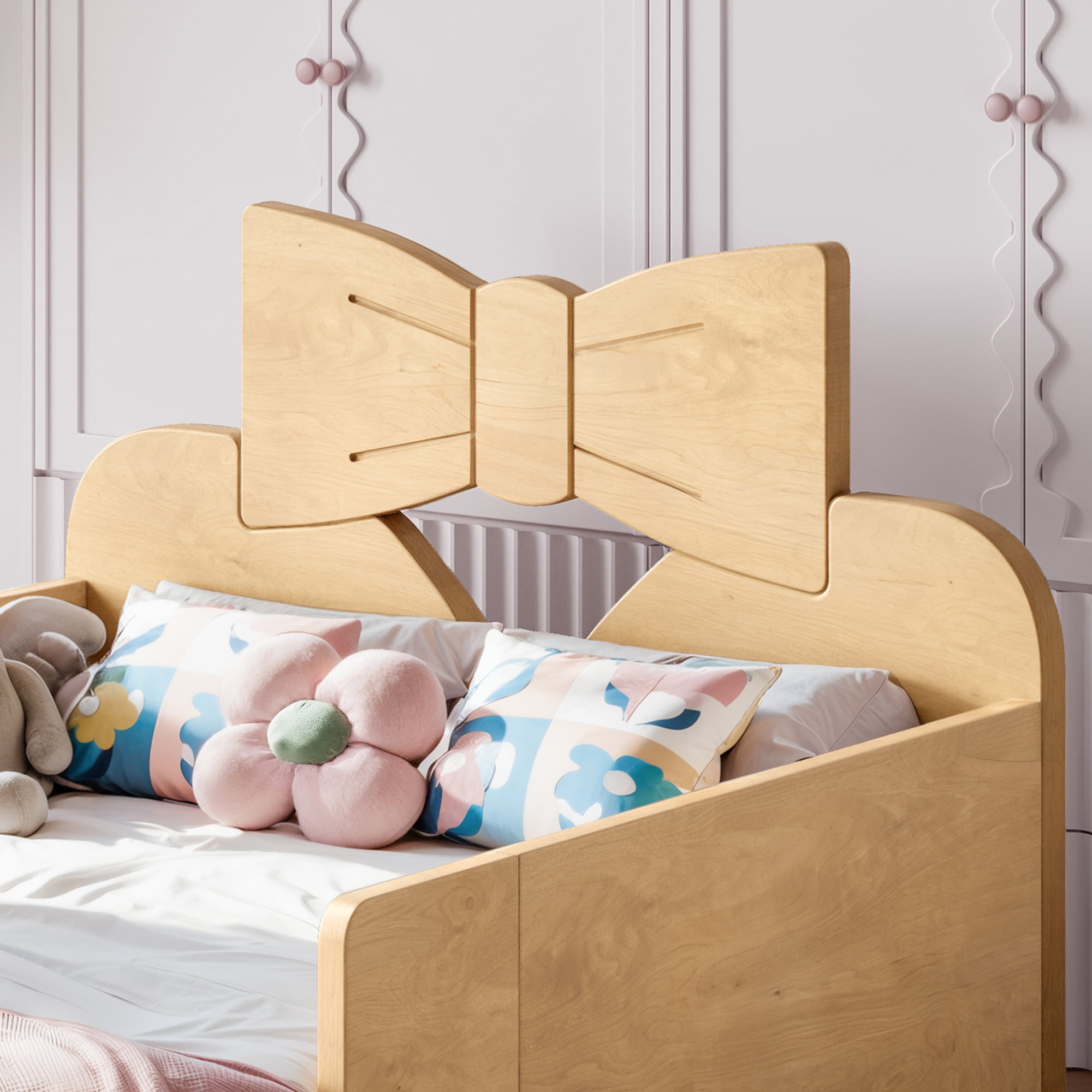 HOQBN Twin Size Kids Platform Bed with Surround Guardrails, Cute Bowknot Shaped Headboard & Built-in Side Bookshelf, Wood Finish Floor Bed Natural