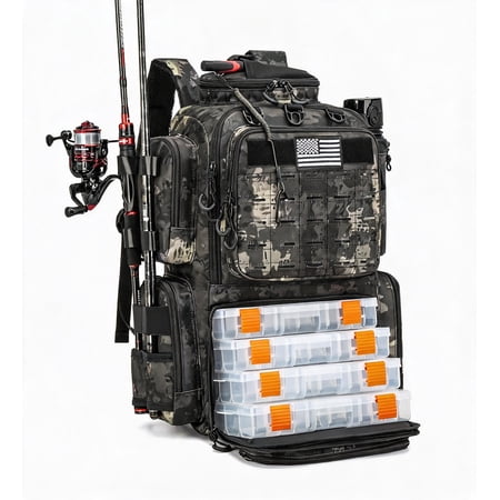 Fishing Backpack with Tackle Boxes Rod Holders Bottle Holder and Insulated Cooler Compartment 50 L Black