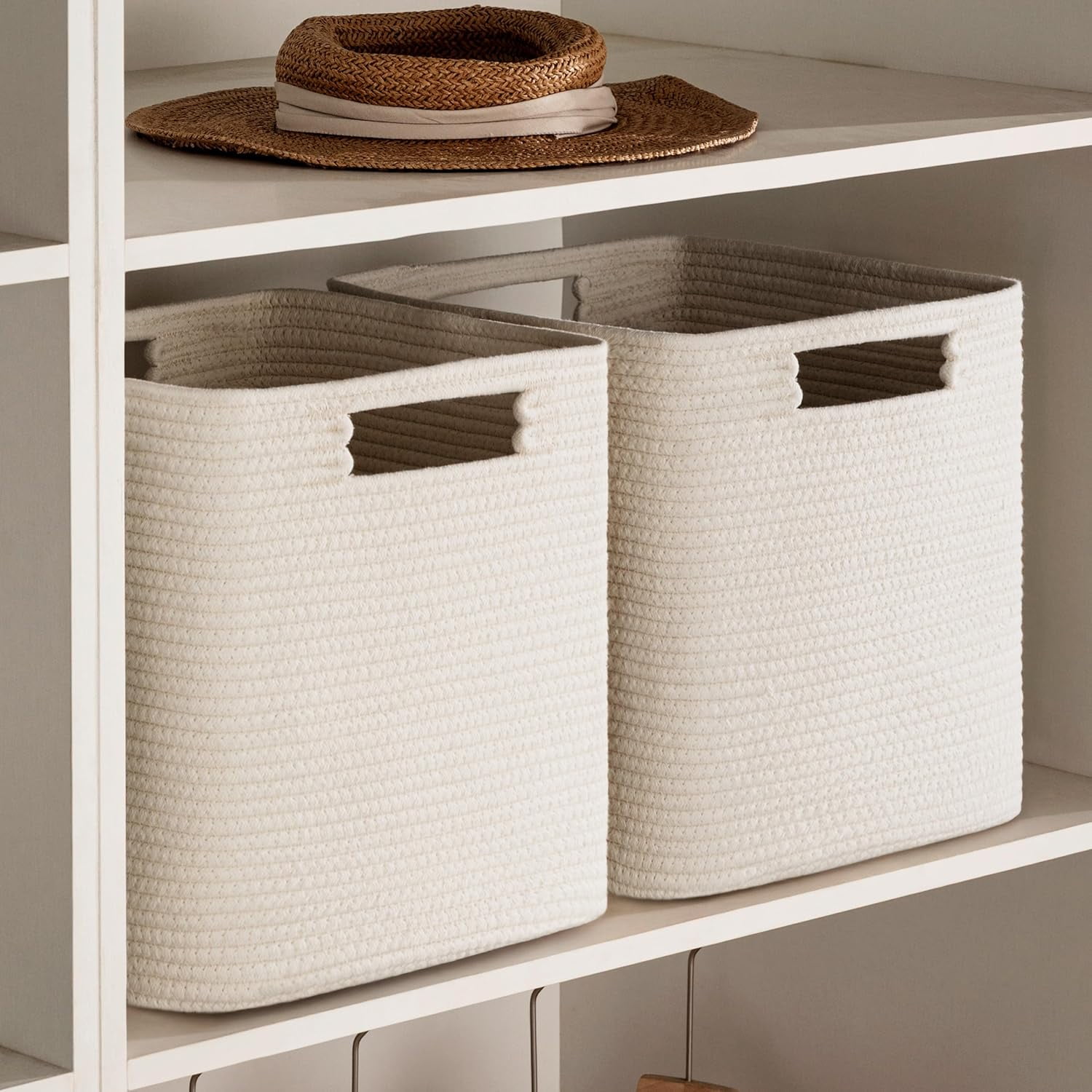 Set of 4 Storage Bins - 11 X 10.5 X 10.5 in, Cotton Rope Bins for Shelves, Toys, Books, Cube Storage with Handles, Woven Black Basket for Organizing