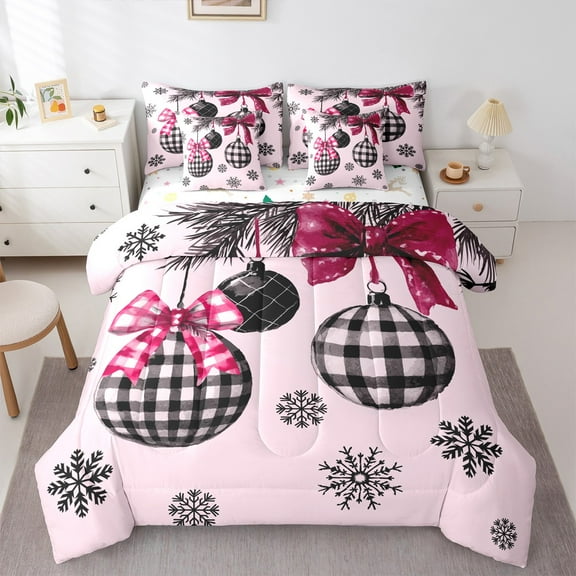 Manfei Merry Christmas Twin Bedding Sets 7-Piece for Kids, Plaid Ball Bedding Comforter Set, Cartoon Princess Style Reversible Sheet Sets, Luxury Bedroom Decor