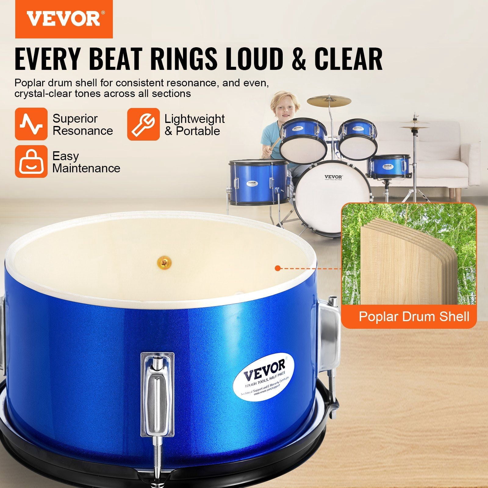 Kids Drum Set, 5-Piece, 16 in Beginner Full Drum Set with Bass Toms Snare Floor Drum Adjustable Throne Cymbal Hi-Hat Pedal and Two Pairs of Drumsticks, Starter Drum Kit for Child Kids, Blue