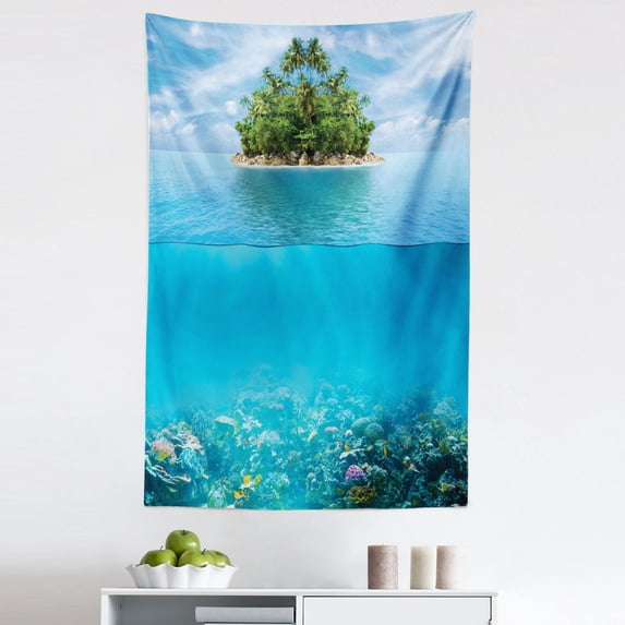 Tropical Tapestry, Lonely Small Island on the Ocean Jungle Exotic Style Flora and Fauna , Fabric Wall Hanging Decor for Bedroom Living Room Dorm, 5 Sizes, Aqua Forest Green, by Ambesonne