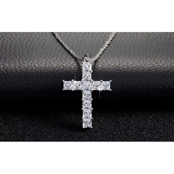 Cross Pendant 2 Ct Princess Cut Lab Created Diamond Chain 14K White Gold Plated