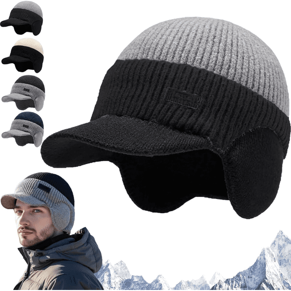 Windproof and warm hat with a brim, winter knitted earflap hat - ultimate warmth, fleece lining and ear protection design.