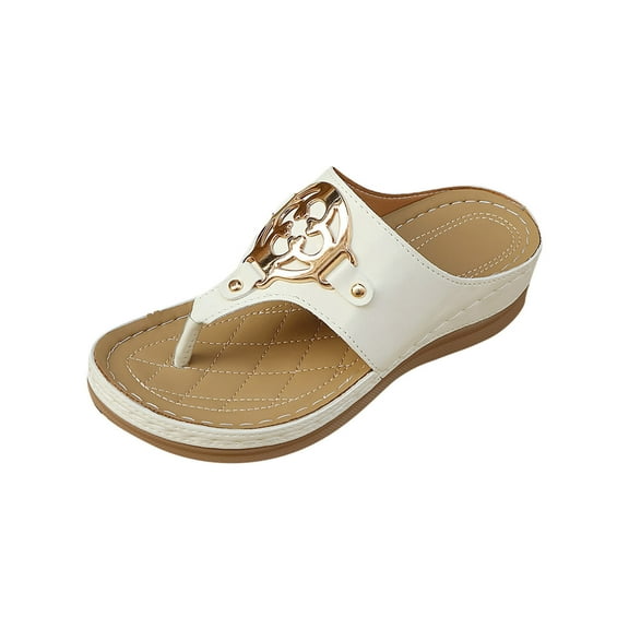 LOVZFMLL Women's Wedge Sandals 2025 Summer Fashion Metal Beach Vacation Slippers Comfort Casual Outdoor Walking Slides Sandals White 5.5