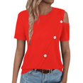 thumbnail image 7 of Fjofpr Summer，Womens Tops under $10 Women'S 2024 Summer Casual And Comfortable Solid Color Cold Shoulder Button Splicing Short-Sleeved Round Neck Top/Shirt, 7 of 7