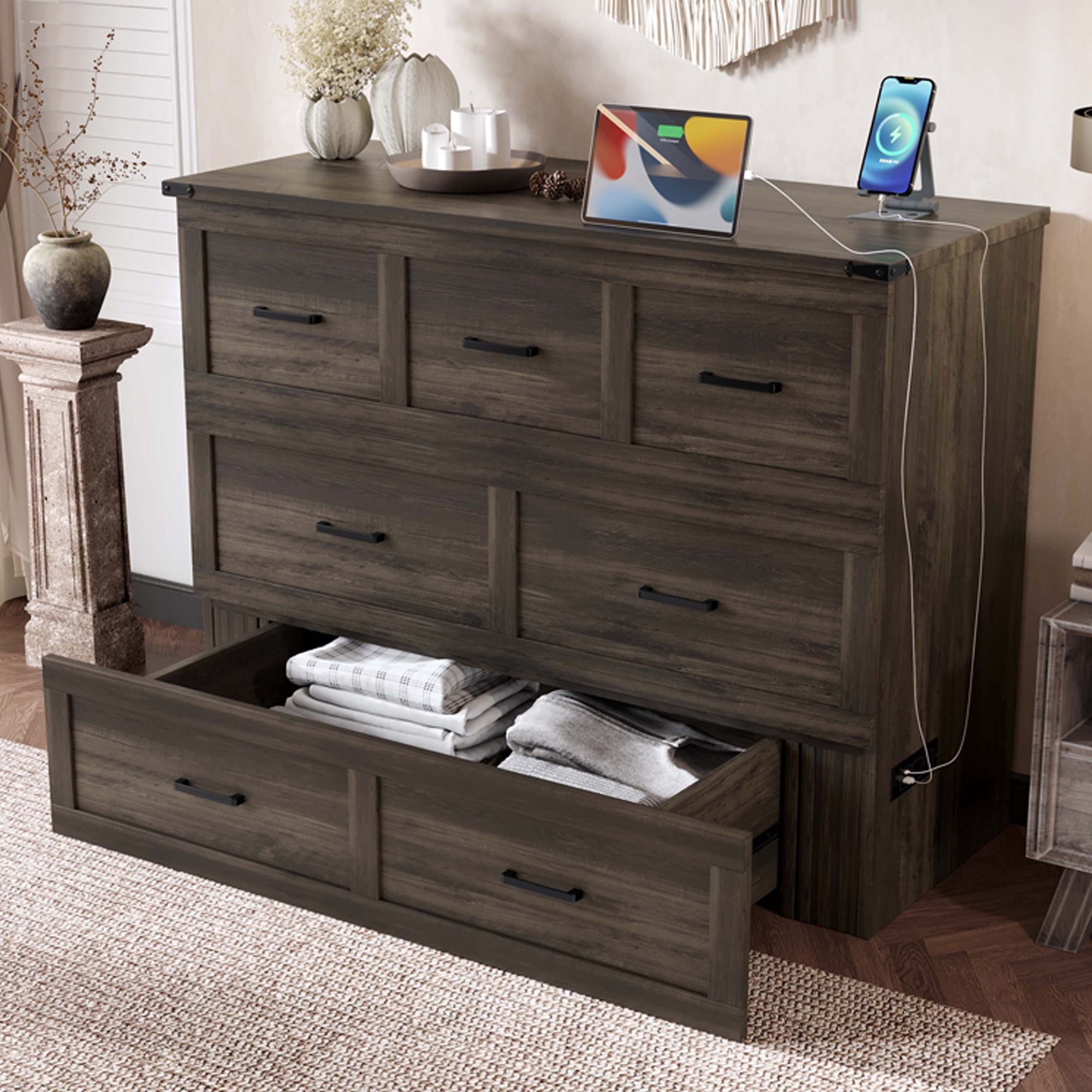 Mintazer Full Murphy Cabinet Bed with Charging Station & Large Storage Drawer, MultiFunctional Foldable Platform Bed for Guest Room Bedroom, Brown