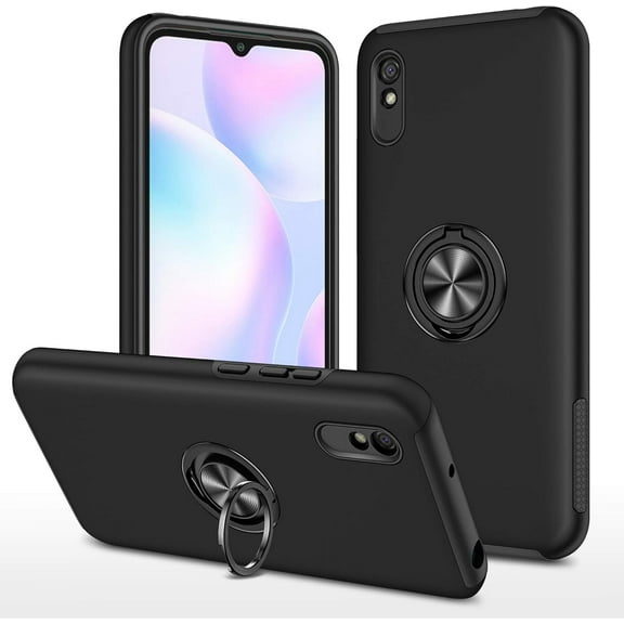 Case for Xiaomi Redmi 9A, Dual Layer Hard Military Phone Case with 360 Degree Ring Stand Silicone Bumper (Camera Protection) Magnetic Car Holder Protective Phone Cover Protector - Black