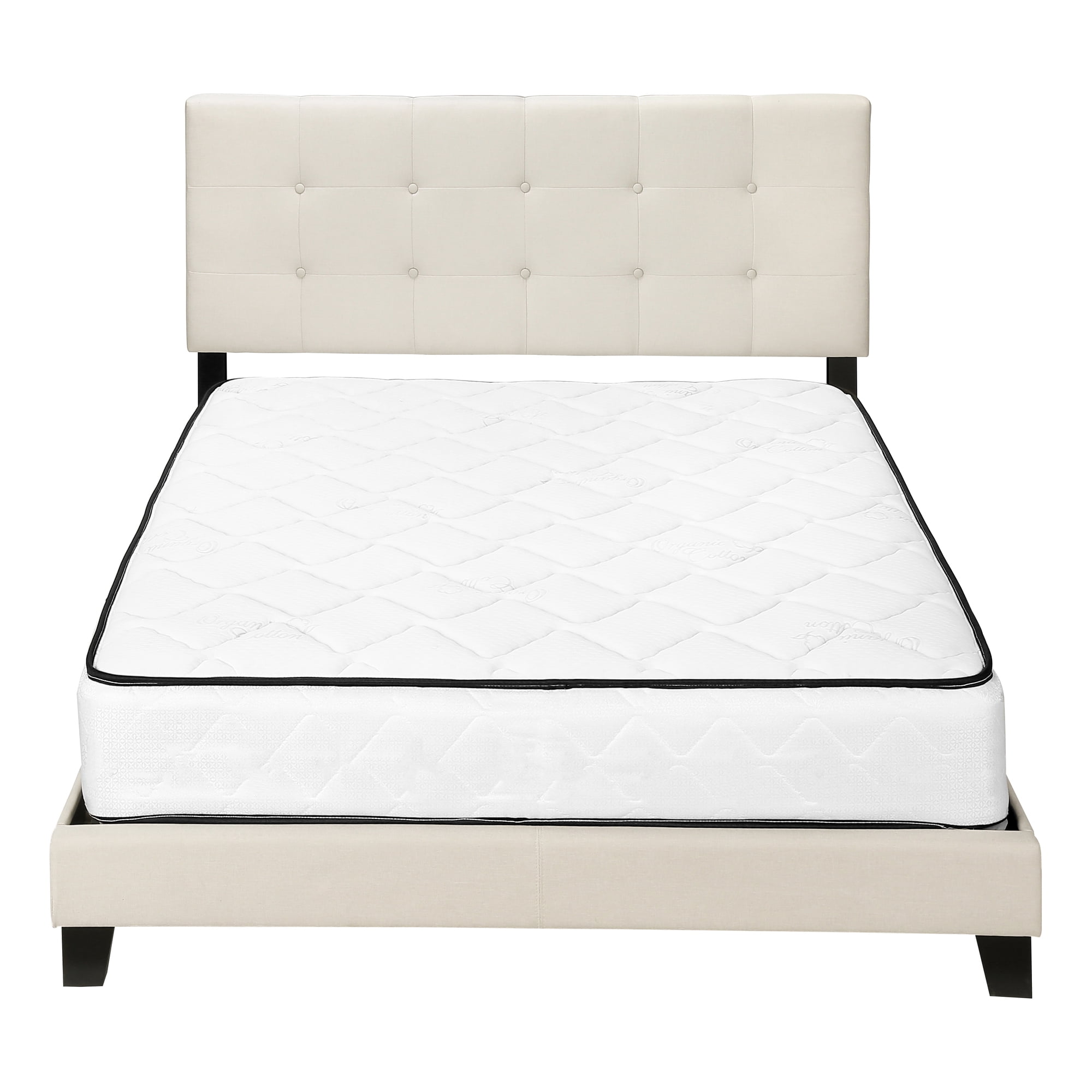 Bed Queen Size Platform Bedroom Frame Upholstered Linen Look Beige Black