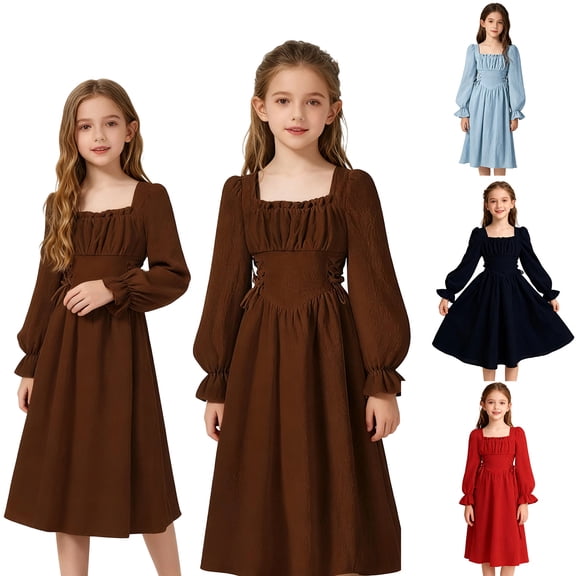 RTKFRFLM Girls French Square Neck Dress Elegant Puff Sleeve Princess Party Gown Red 12-13 Years