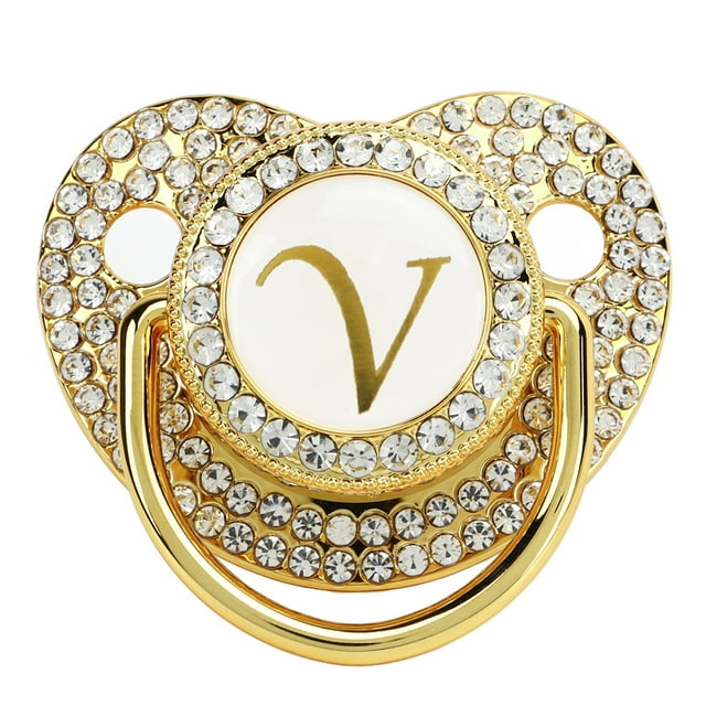 Chupete Baby Bling con clip dorado y letra curvada con funda antipolvo para recién nacidos (letra V)