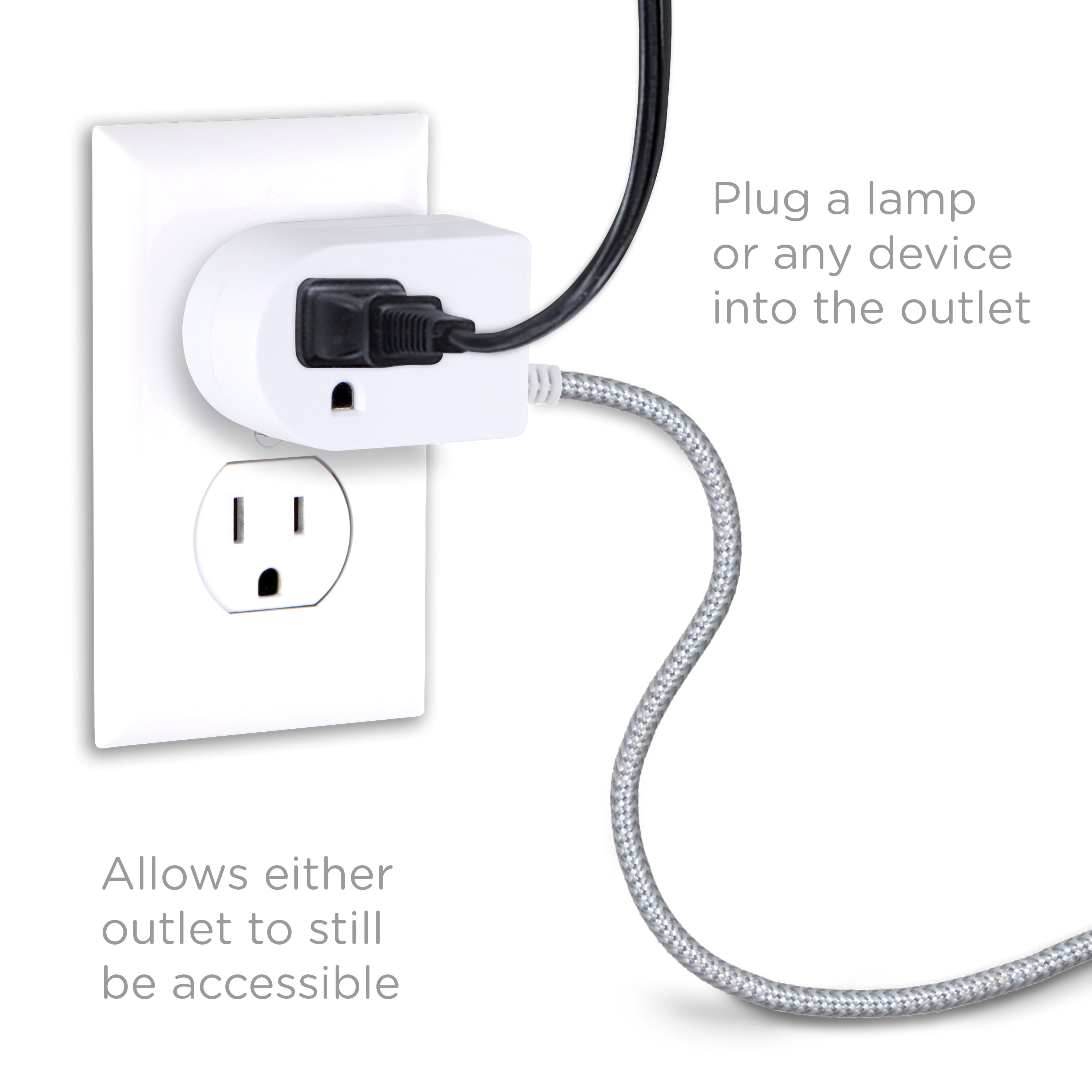 Grey Long Power Cable Gray 48050 6 Ft 3 Prong Slip Resistant Base Cordinate Designer Switch Plug with Braided Cord 1 Pack Perfect for Lamps//Seasonal Lights for Tabletop or Wall Mount
